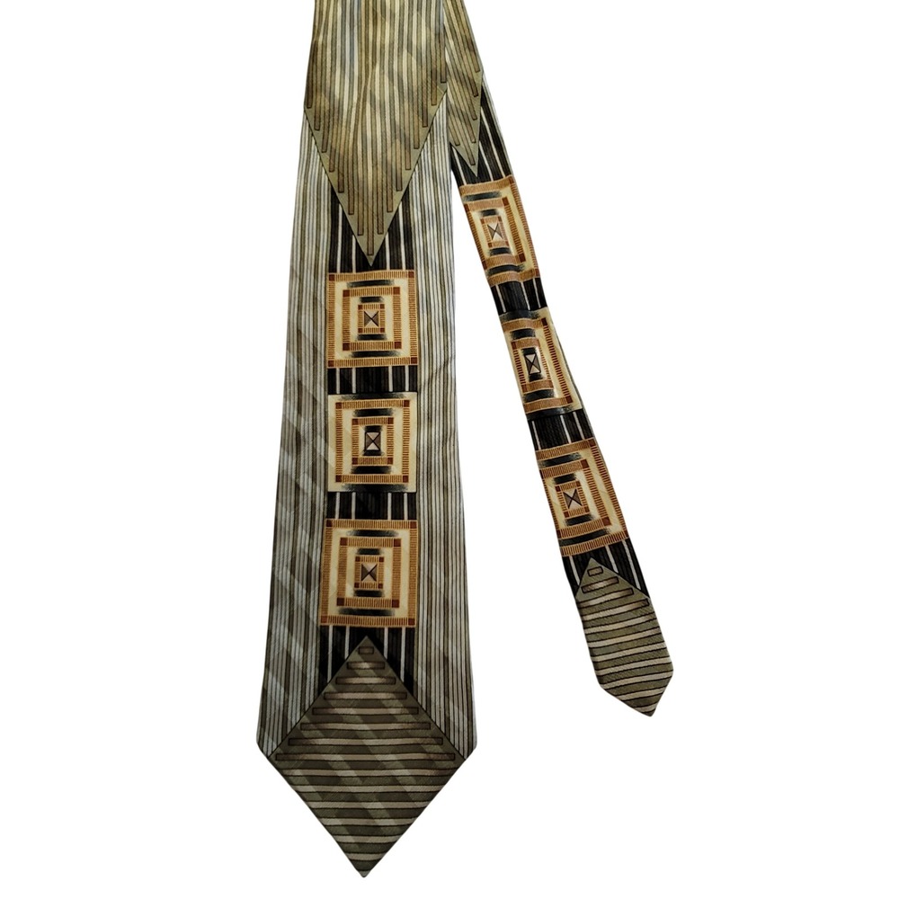Enrico Capucci Necktie Mens OS Sage Green Geometric Silk Hand Made Striped Retro
